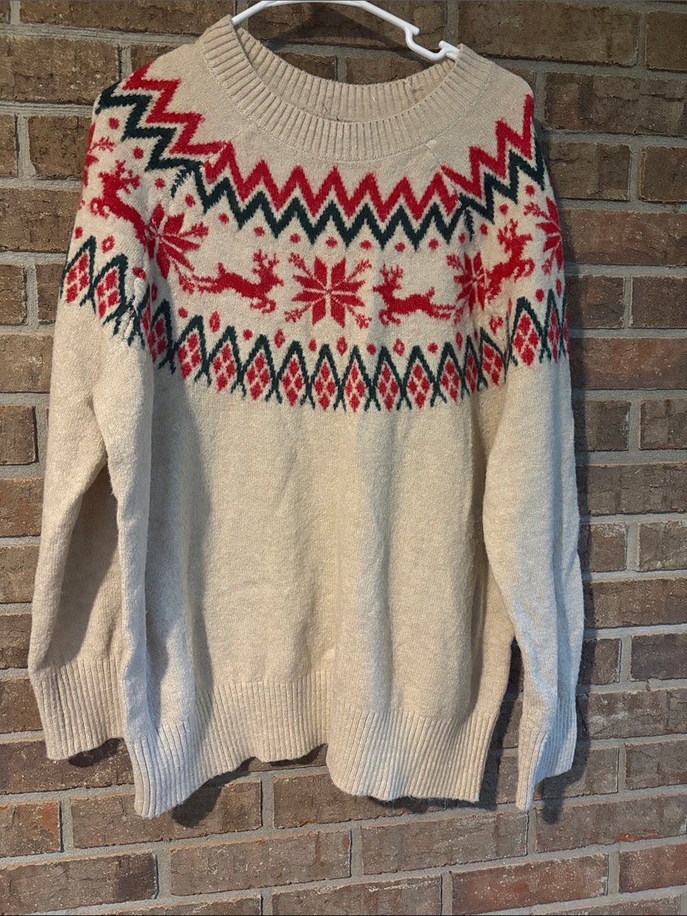 torrid Cream Crewneck Sweater with Red & Green Fair Isle Yoke